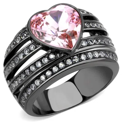 Fashnzfab Ip Black(ion Plating) Stainless Steel Ring With Top Grade Crystal In Light Rose