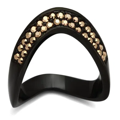 Fashnzfab Ip Black(ion Plating) Stainless Steel Ring With Top Grade Crystal In Metallic Light Gold