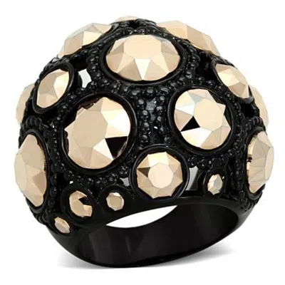 Fashnzfab Ip Black(ion Plating) Stainless Steel Ring With Top Grade Crystal In Metallic Light Gold