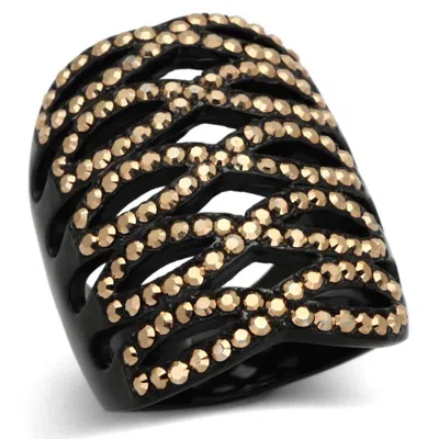 Fashnzfab Ip Black(ion Plating) Stainless Steel Ring With Top Grade Crystal In Metallic Light Gold In Neutral