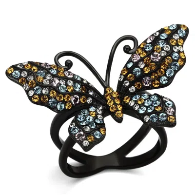 Fashnzfab Ip Black(ion Plating) Stainless Steel Ring With Top Grade Crystal In Multi Color
