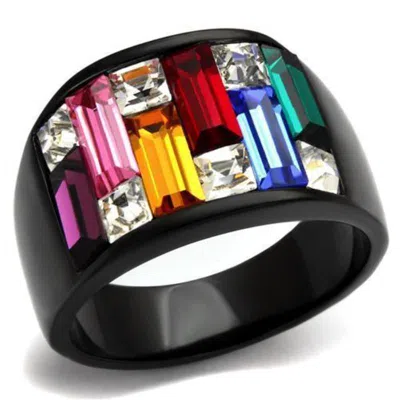 Fashnzfab Ip Black(ion Plating) Stainless Steel Ring With Top Grade Crystal In Multi Color