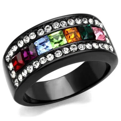Fashnzfab Ip Black(ion Plating) Stainless Steel Ring With Top Grade Crystal In Multi Color