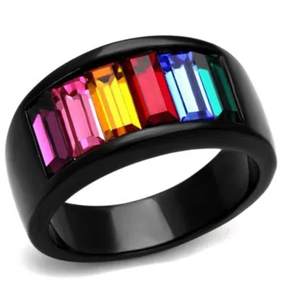 Fashnzfab Ip Black(ion Plating) Stainless Steel Ring With Top Grade Crystal In Multi Color