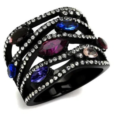 Fashnzfab Ip Black(ion Plating) Stainless Steel Ring With Top Grade Crystal In Multi Color