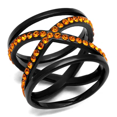 Fashnzfab Ip Black(ion Plating) Stainless Steel Ring With Top Grade Crystal In Orange In Multi