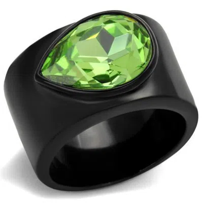 Fashnzfab Ip Black(ion Plating) Stainless Steel Ring With Top Grade Crystal In Peridot