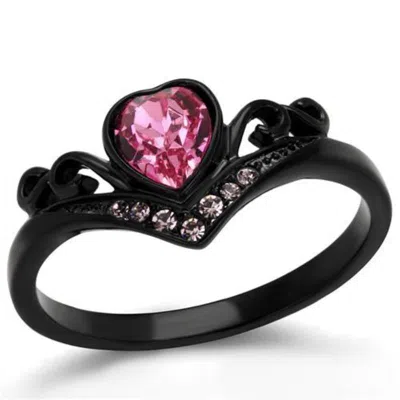 Fashnzfab Ip Black(ion Plating) Stainless Steel Ring With Top Grade Crystal In Rose In Gold