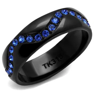 Fashnzfab Ip Black(ion Plating) Stainless Steel Ring With Top Grade Crystal In Sapphire In Blue