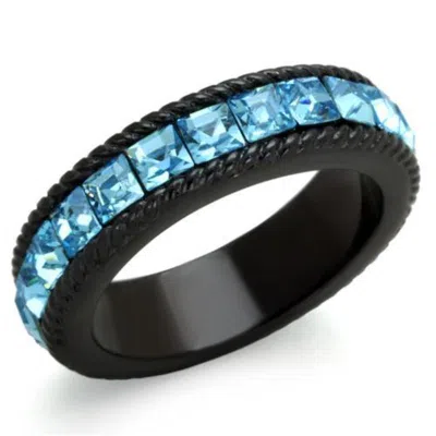Fashnzfab Ip Black(ion Plating) Stainless Steel Ring With Top Grade Crystal In Sea Blue