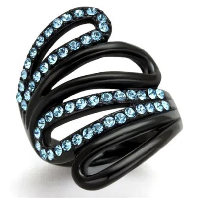 Fashnzfab Ip Black(ion Plating) Stainless Steel Ring With Top Grade Crystal In Sea Blue