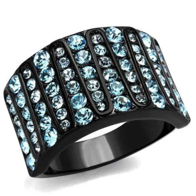 Fashnzfab Ip Black(ion Plating) Stainless Steel Ring With Top Grade Crystal In Sea Blue