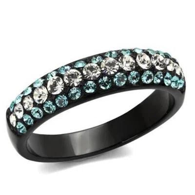 Fashnzfab Ip Black(ion Plating) Stainless Steel Ring With Top Grade Crystal In Sea Blue