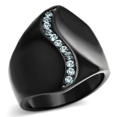 Fashnzfab Ip Black(ion Plating) Stainless Steel Ring With Top Grade Crystal In Sea Blue