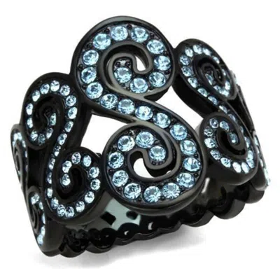 Fashnzfab Ip Black(ion Plating) Stainless Steel Ring With Top Grade Crystal In Sea Blue