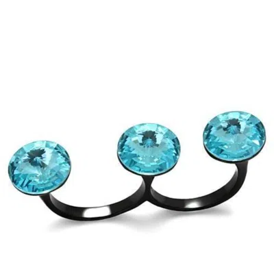 Fashnzfab Ip Black(ion Plating) Stainless Steel Ring With Top Grade Crystal In Sea Blue