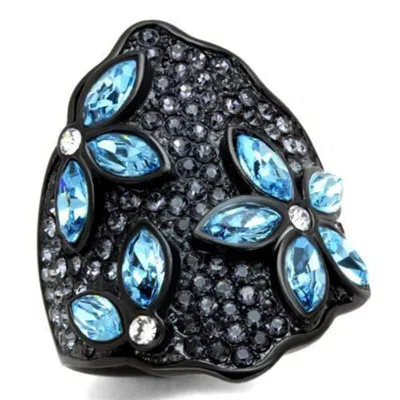 Fashnzfab Ip Black(ion Plating) Stainless Steel Ring With Top Grade Crystal In Sea Blue In Multi