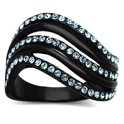 Fashnzfab Ip Black(ion Plating) Stainless Steel Ring With Top Grade Crystal In Sea Blue In Orange