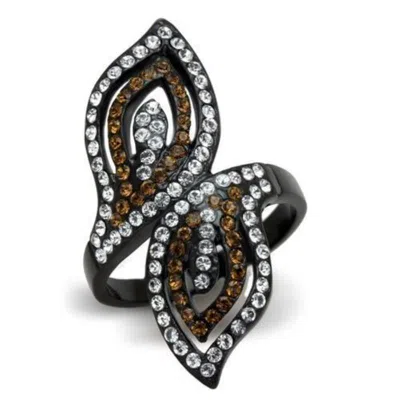 Fashnzfab Ip Black(ion Plating) Stainless Steel Ring With Top Grade Crystal In Smoked Quartz In Brown