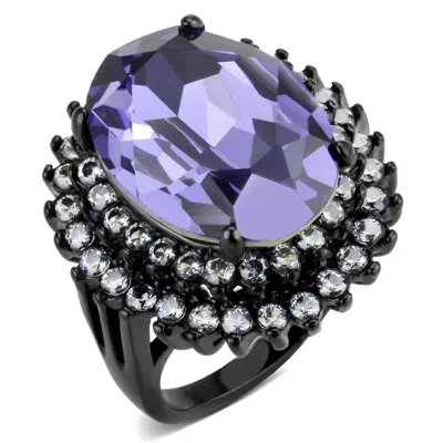 Fashnzfab Ip Black(ion Plating) Stainless Steel Ring With Top Grade Crystal In Tanzanite