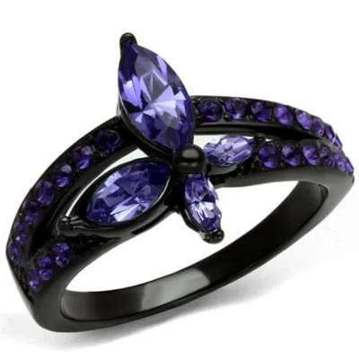 Fashnzfab Ip Black(ion Plating) Stainless Steel Ring With Top Grade Crystal In Tanzanite In Purple