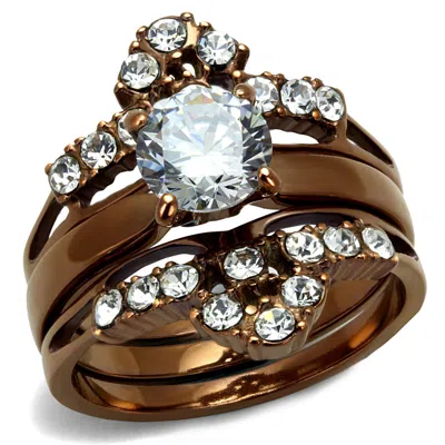 Fashnzfab Ip Coffee Light Stainless Steel Ring With Aaa Grade Cz In Clear In Multi