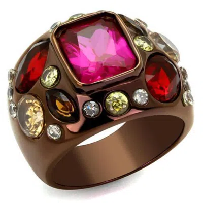 Fashnzfab Ip Coffee Light Stainless Steel Ring With Aaa Grade Cz In Ruby In Brown