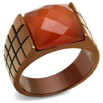 Fashnzfab Ip Coffee Light Stainless Steel Ring With Semi-precious Cat Eye In Orange In Multi