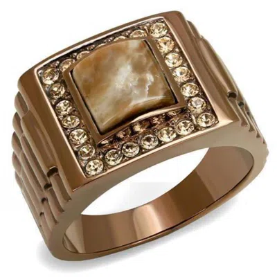 Fashnzfab Ip Coffee Light Stainless Steel Ring With Semi-precious Rain Flower Stone In Brown