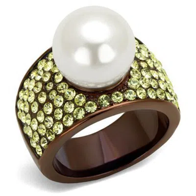Fashnzfab Ip Coffee Light Stainless Steel Ring With Synthetic Pearl In White In Multi