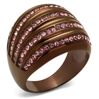 Fashnzfab Ip Coffee Light Stainless Steel Ring With Top Grade Crystal In Light Rose In Brown