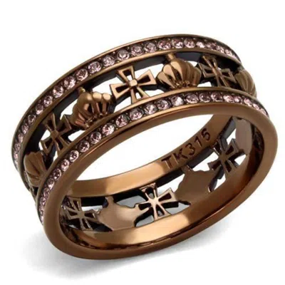 Fashnzfab Ip Coffee Light Stainless Steel Ring With Top Grade Crystal In Light Rose In Brown