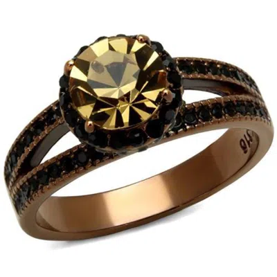 Fashnzfab Ip Coffee Light Stainless Steel Ring With Top Grade Crystal In Light Smoked In Gold