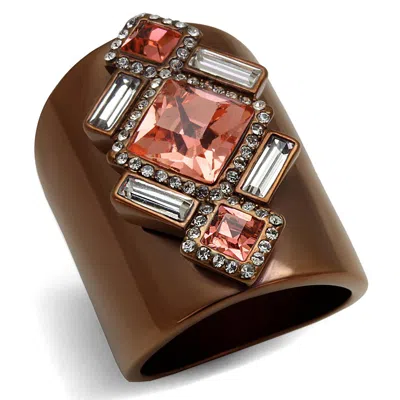 Fashnzfab Ip Coffee Light Stainless Steel Ring With Top Grade Crystal In Rose In Brown