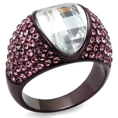 Fashnzfab Ip Dark Brown (ip Coffee) Stainless Steel Ring With Aaa Grade Cz In Clear In Metallic