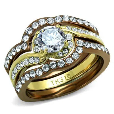 Fashnzfab Ip Gold & Ip Light Brown (ip Light Coffee) Stainless Steel Ring With Aaa Grade Cz In Clear