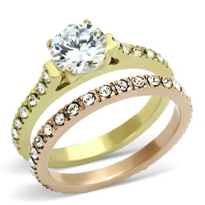 Fashnzfab Ip Gold & Ip Rose Gold (ion Plating) Stainless Steel Ring With Aaa Grade Cz In Clear