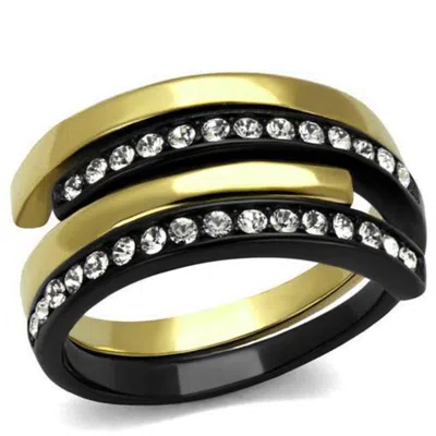 Fashnzfab Ip Gold+ Ip Black (ion Plating) Stainless Steel Ring With Top Grade Crystal In Clear In Multi