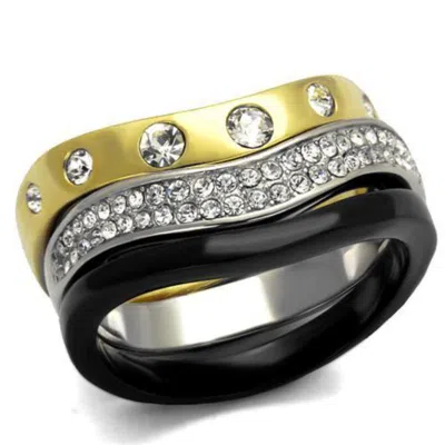 Fashnzfab Ip Gold+ Ip Black (ion Plating) Stainless Steel Ring With Top Grade Crystal In Clear In Neutral