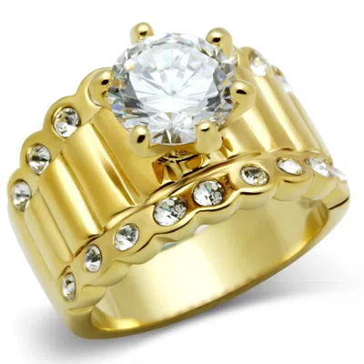 Fashnzfab Ip Gold(ion Plating) Brass Ring With Aaa Grade Cz In Clear