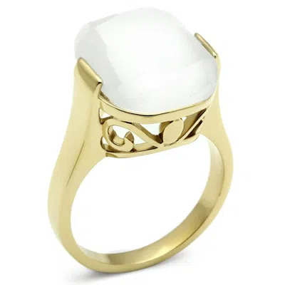 Fashnzfab Ip Gold(ion Plating) Brass Ring With Synthetic Cat Eye In White In Multi