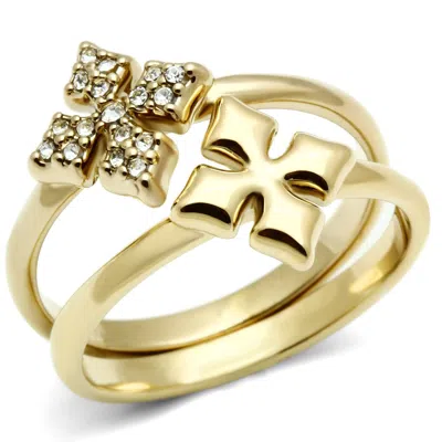 Fashnzfab Ip Gold(ion Plating) Brass Ring With Top Grade Crystal In Clear In Multi
