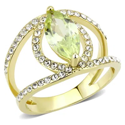 Fashnzfab Ip Gold(ion Plating) Stainless Steel Ring With Aaa Grade Cz In Apple Green Color