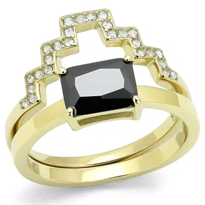 Fashnzfab Ip Gold(ion Plating) Stainless Steel Ring With Aaa Grade Cz In Black Diamond In Multi