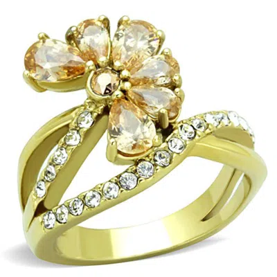 Fashnzfab Ip Gold(ion Plating) Stainless Steel Ring With Aaa Grade Cz In Champagne