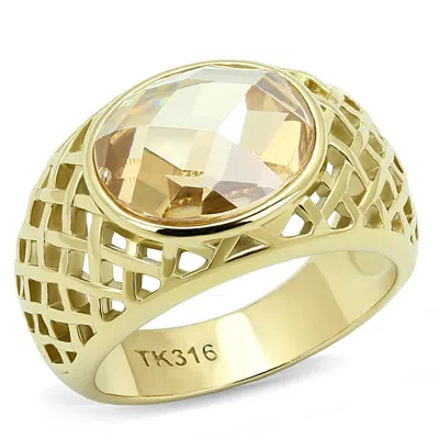 Fashnzfab Ip Gold(ion Plating) Stainless Steel Ring With Aaa Grade Cz In Champagne In Multi