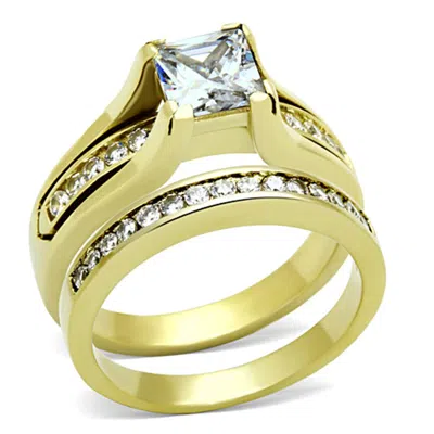 Fashnzfab Ip Gold(ion Plating) Stainless Steel Ring With Aaa Grade Cz In Clear In Green