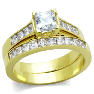Fashnzfab Ip Gold(ion Plating) Stainless Steel Ring With Aaa Grade Cz In Clear In Green