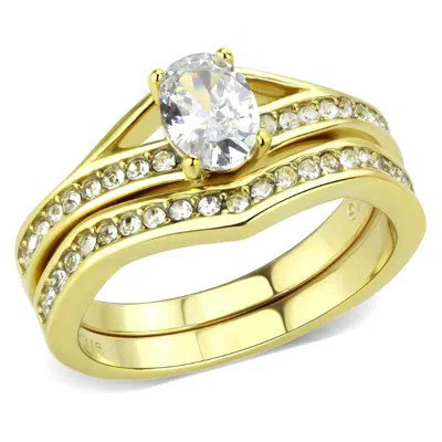 Fashnzfab Ip Gold(ion Plating) Stainless Steel Ring With Aaa Grade Cz In Clear In Pink