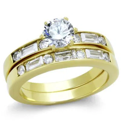Fashnzfab Ip Gold(ion Plating) Stainless Steel Ring With Aaa Grade Cz In Clear In Red